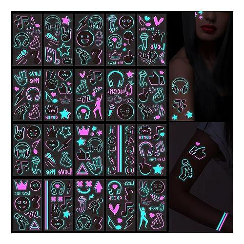 20-Sheet Glow in the Dark temporary tattoos 160+ Styles Adult Fluorescent UV Neon body glitter & Face Waterproof fake tattoo Stickers for Men & Women - Ideal for Rave, Festival Party Supplies