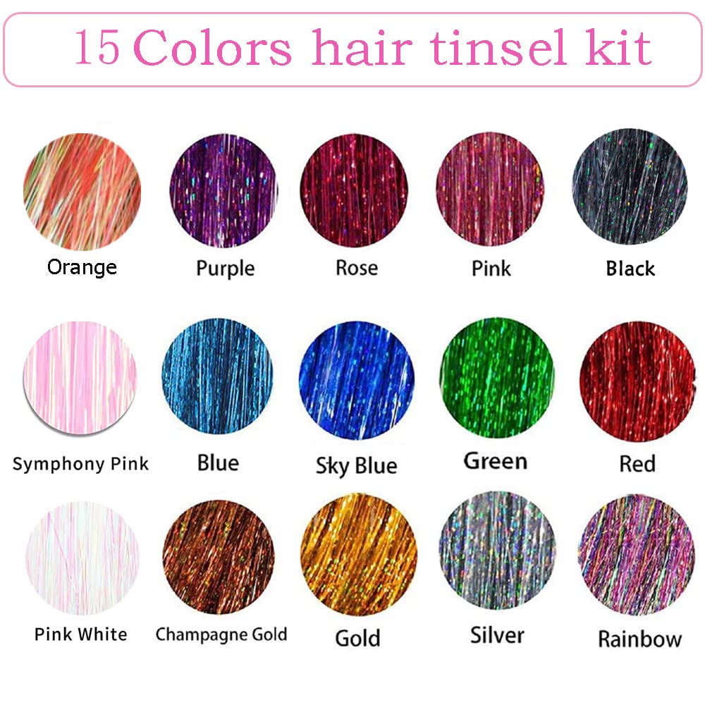 Hair Tinsel Kit - Fairy Hair Tinsel with Tools 48 Inch Hair Tinsel Heat Resistant Safe 15 Colors Glitter Tinsel Hair Extensions 4200 strands (15 Colors, 4200 Strands)