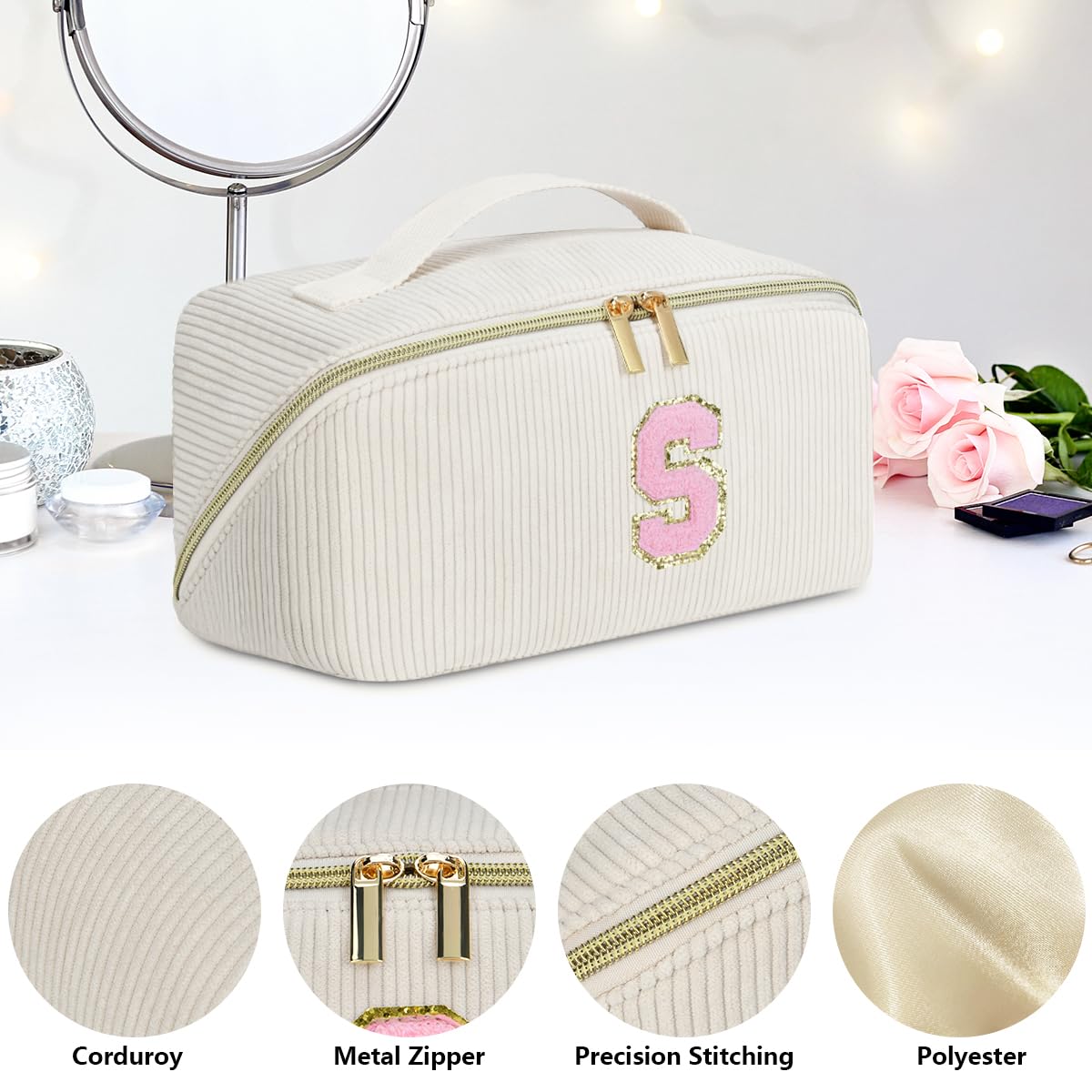 DTBG Personalized Cosmetic Bag, Inital Makeup Bag Birthday Gift Stuff Bag for Women Large Capacity Travel Make up Bag Pouch Cute Quilted Preppy Makeup Bag Gifts for Girls, Wife - L