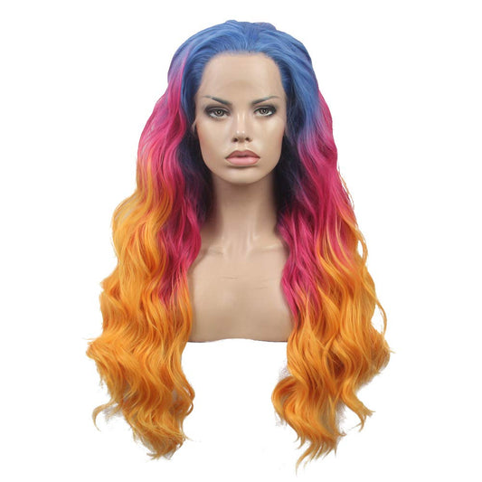 FSLWIGS Long Rainbow Hair Wig Multi-Color Natural Wave Synthetic Lace Front Wigs Colorful Heat Resistant for Music Festival, Theme Parties, Wedding, Concerts, Dating, Cosplay, Daily Use & More