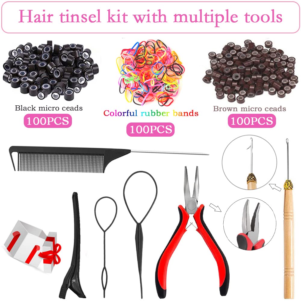 Hair Tinsel Kit - Fairy Hair Tinsel with Tools 48 Inch Hair Tinsel Heat Resistant Safe 15 Colors Glitter Tinsel Hair Extensions 4200 strands (15 Colors, 4200 Strands)