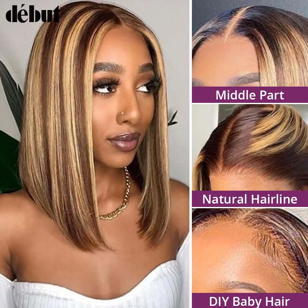 DÉBUT Ombre Highlight Blonde Brown Lace Front Wigs Human Hair Short Bob Wigs Middle Part Wigs Brazilian Virgin Straight Hair 13x4x1 T Part Wigs for Black Women Piano Color 12 Inches