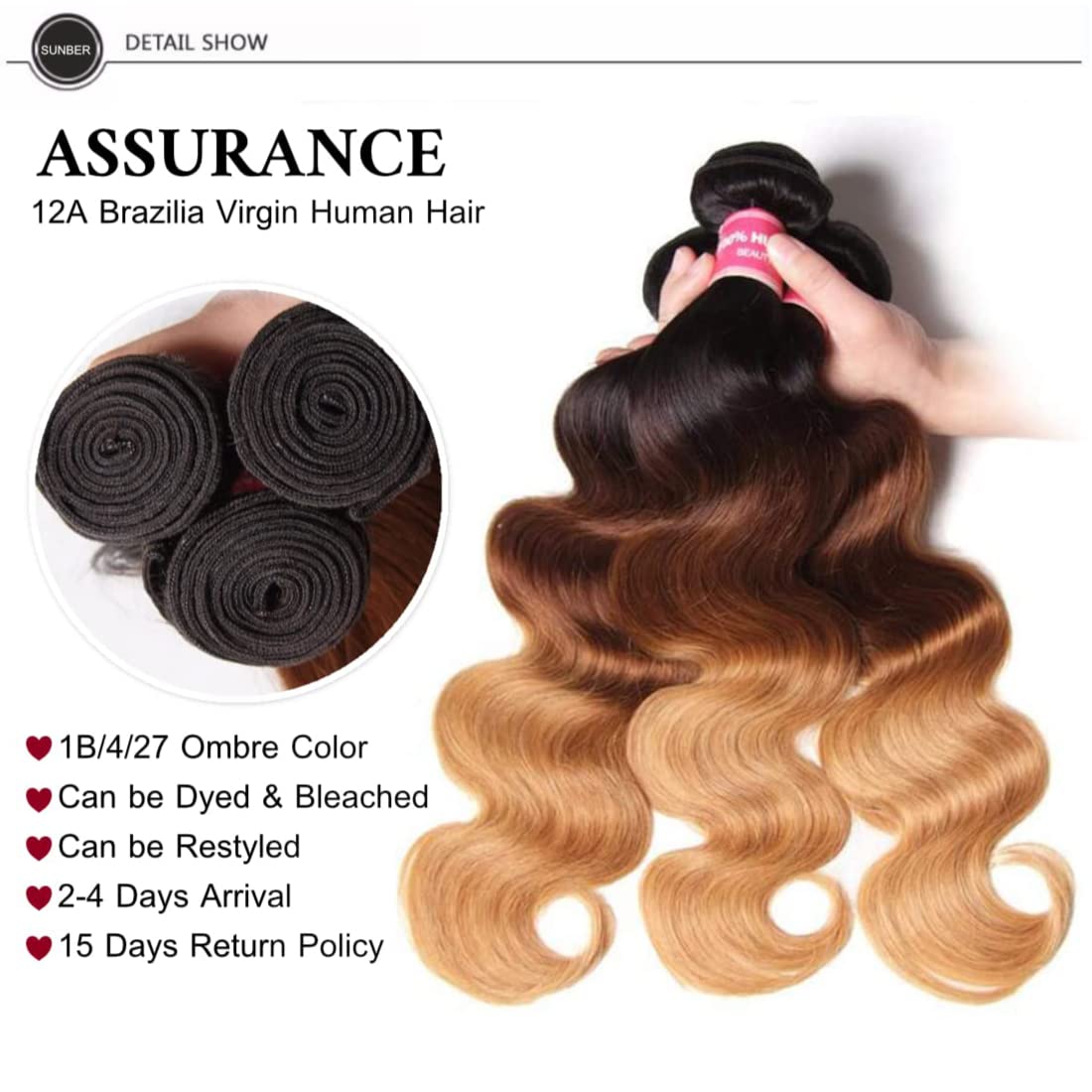 Sunber Ombre Brazilian Hair Bundles Body Wave 12A Grade Human Virgin Hair One Bundles 3 Tone 1B/4/27 Color Hair Extensions 16Inch T1B/4/27 Color