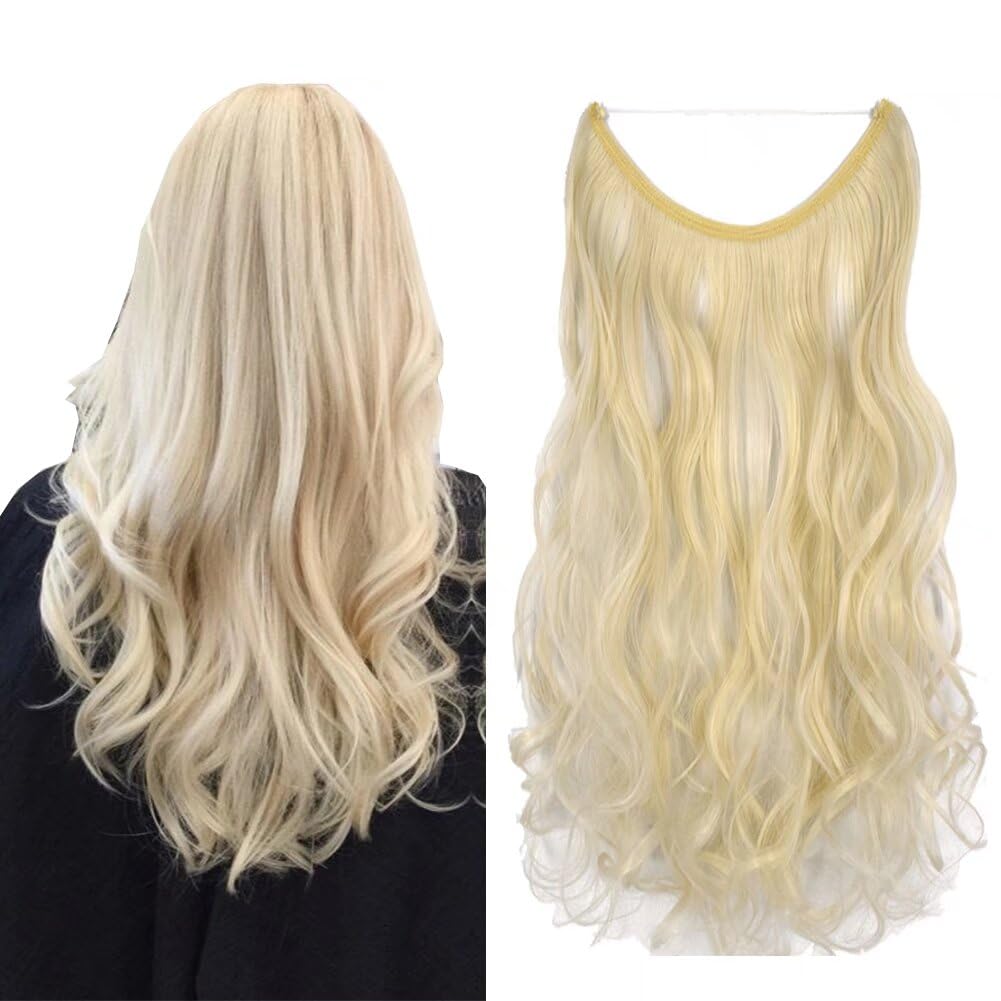 iLUU Hair Extensions 18" 80g 60# Platinum Blonde Fashion Color Long Curly Synthetic Hairpieces Fast Instant Invisible String Transparent Wire Fish Line Wavy Hair Extensions for Beauty Women