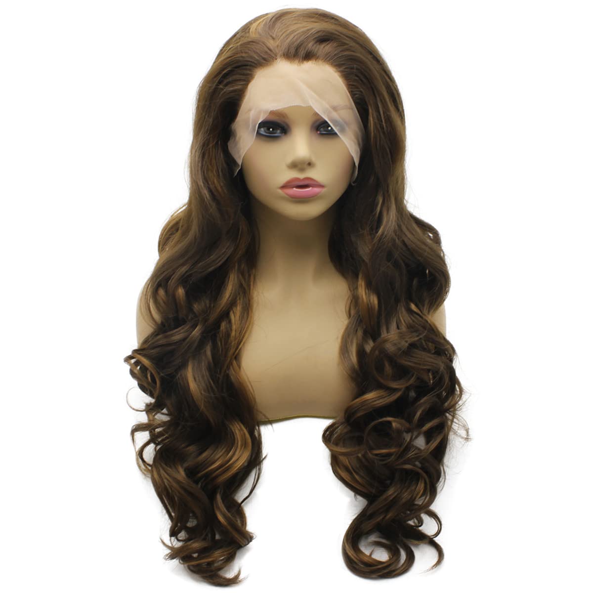 Iewig Long Wavy Highlight Brown Natural Lace Front Wig Synthetic