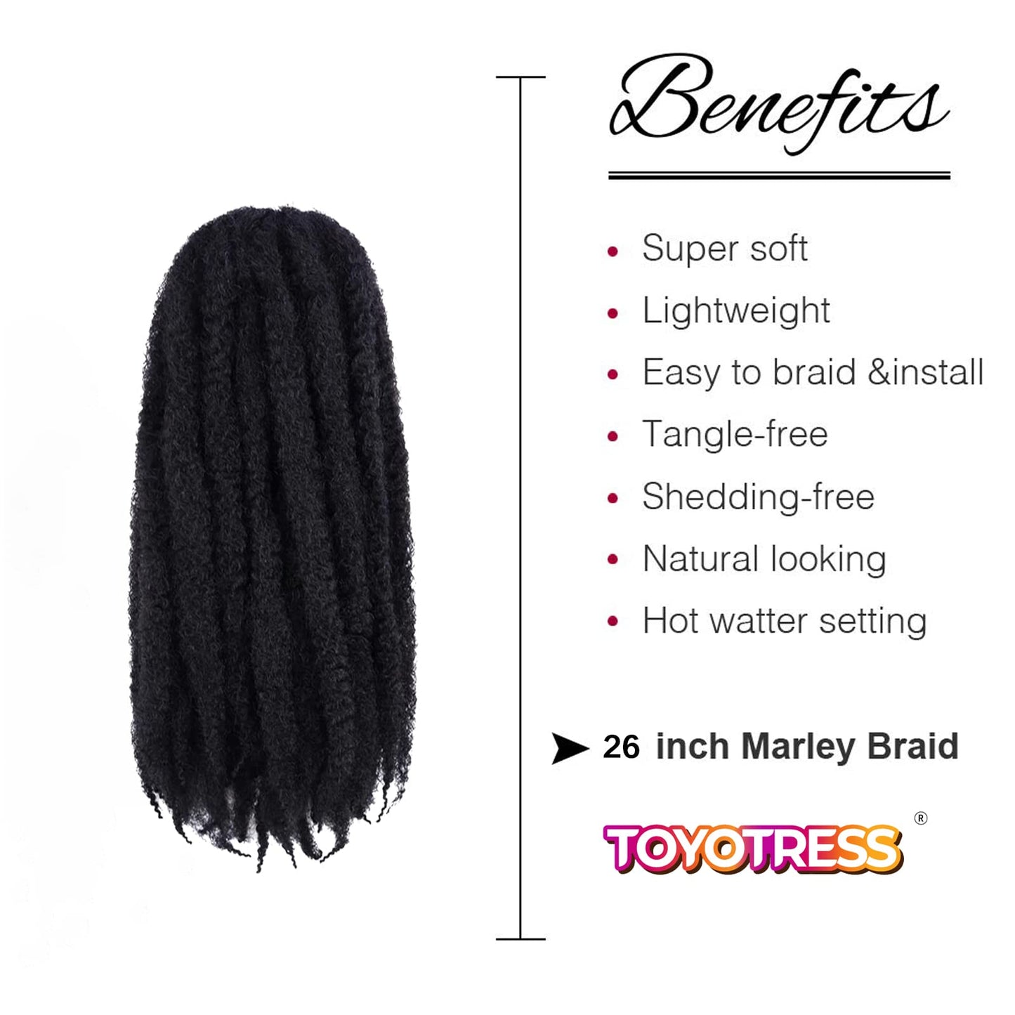 ToyoTress Marley Hair Crochet Braids - 26 Inch 6 Packs Natural Black Super Long, Afro Kinky Curly Marley Twist Braids Synthetic Twist Crochet Braiding Hair Extensions (26 Inch, 1B-6P)