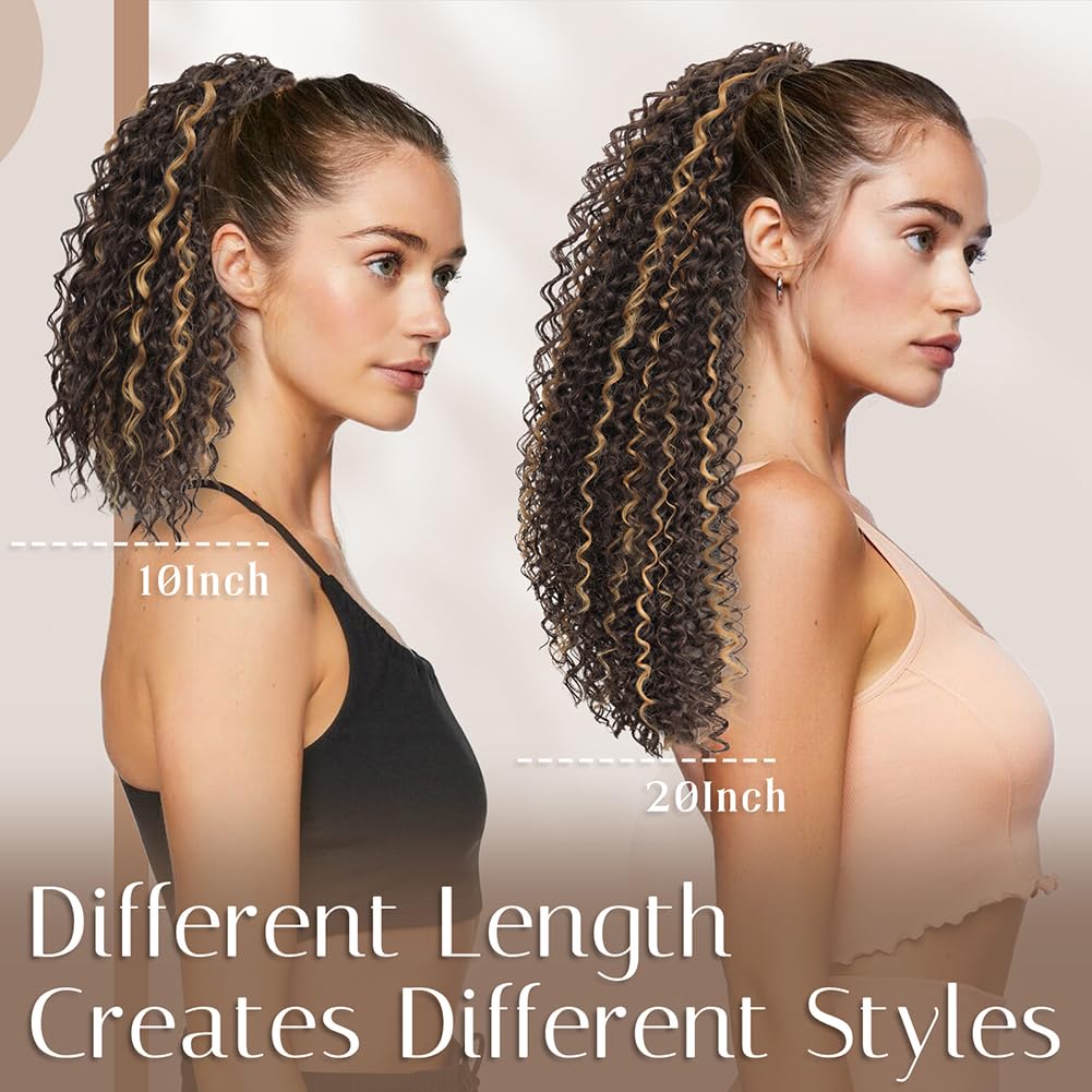 LOSMOEER Ponytail Extension 10 Inch Drawstring Ponytail Hair Extensions for Women Dark Brown Short Kinky Curly Ponytail Fake Hairpiece Daily Party Use