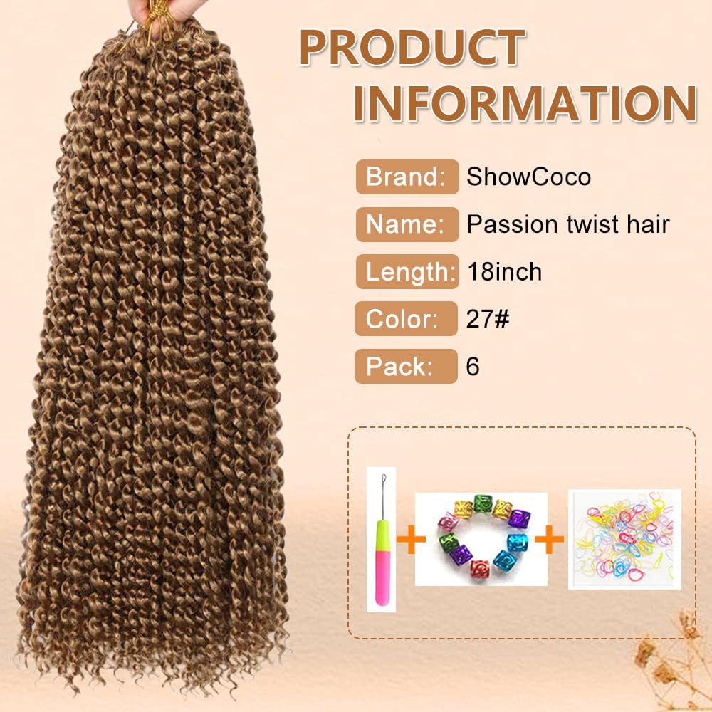 Passion Twist Hair 18 Inch Water Wave Crochet Hair 6 Packs Braiding Hair Long Crochet Braids Passion Twists Bohemian Synthetic Hair Extension (18 Inch, 27)