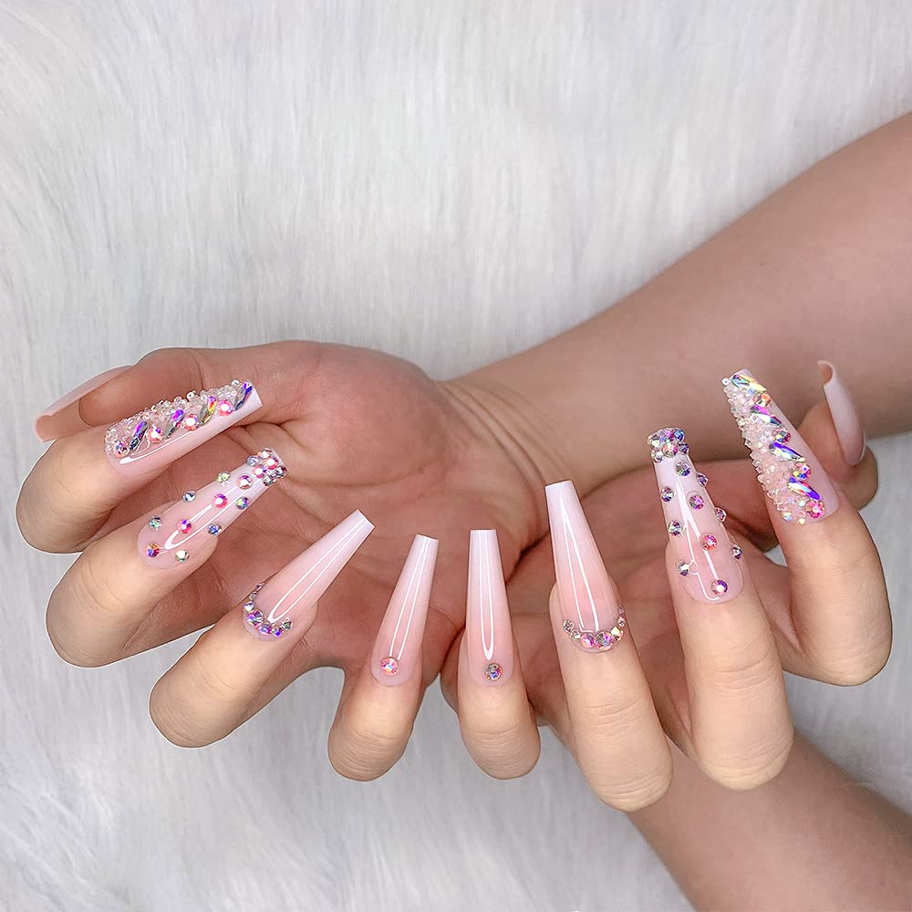 Artquee 24pcs French Nude White Ballerina Water Droplets Drill Flash Diamond Long Glossy Coffin Fake Nails Press on Nail False Tips Manicure for Women