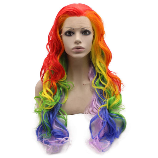 Mxangel Long Colorful Rainbow Ombre Heat Friendly Fiber Lace front Cosplay Party Wig