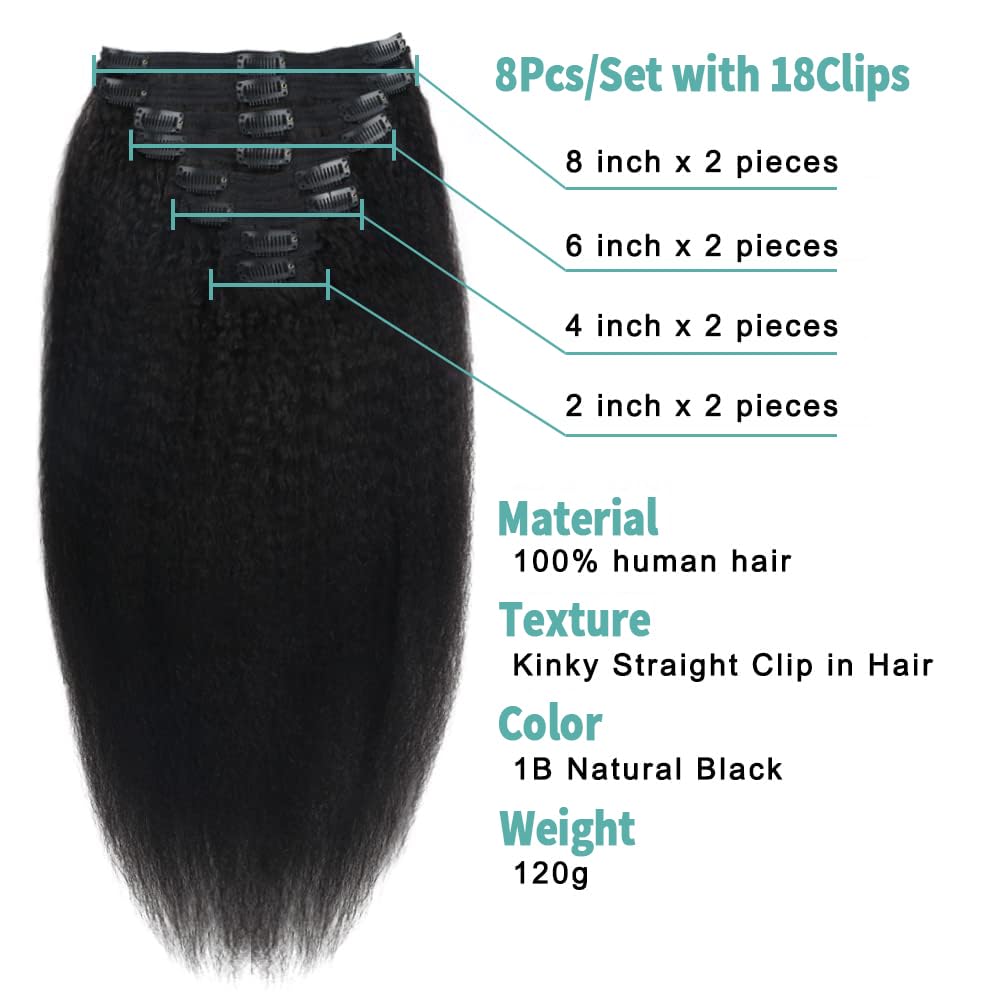 Brazilian Virgin Kinky Straight Clip in Hair Extensions 8Pcs/lot 120g With 18 Clips Yaki Straight Clip in Hair Extension Real Human Hair Natural Black Color For Black Women (20Inch)