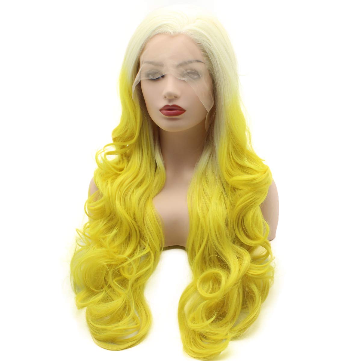 Meiyite Hair Wavy Long 26inch Blonde Root Yellow Ombre Heavy Density Realistic Synthetic Lace Front Wigs