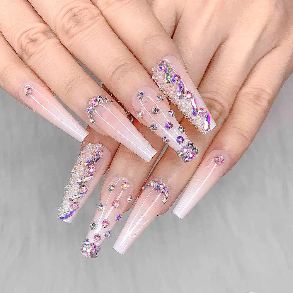 Artquee 24pcs French Nude White Ballerina Water Droplets Drill Flash Diamond Long Glossy Coffin Fake Nails Press on Nail False Tips Manicure for Women