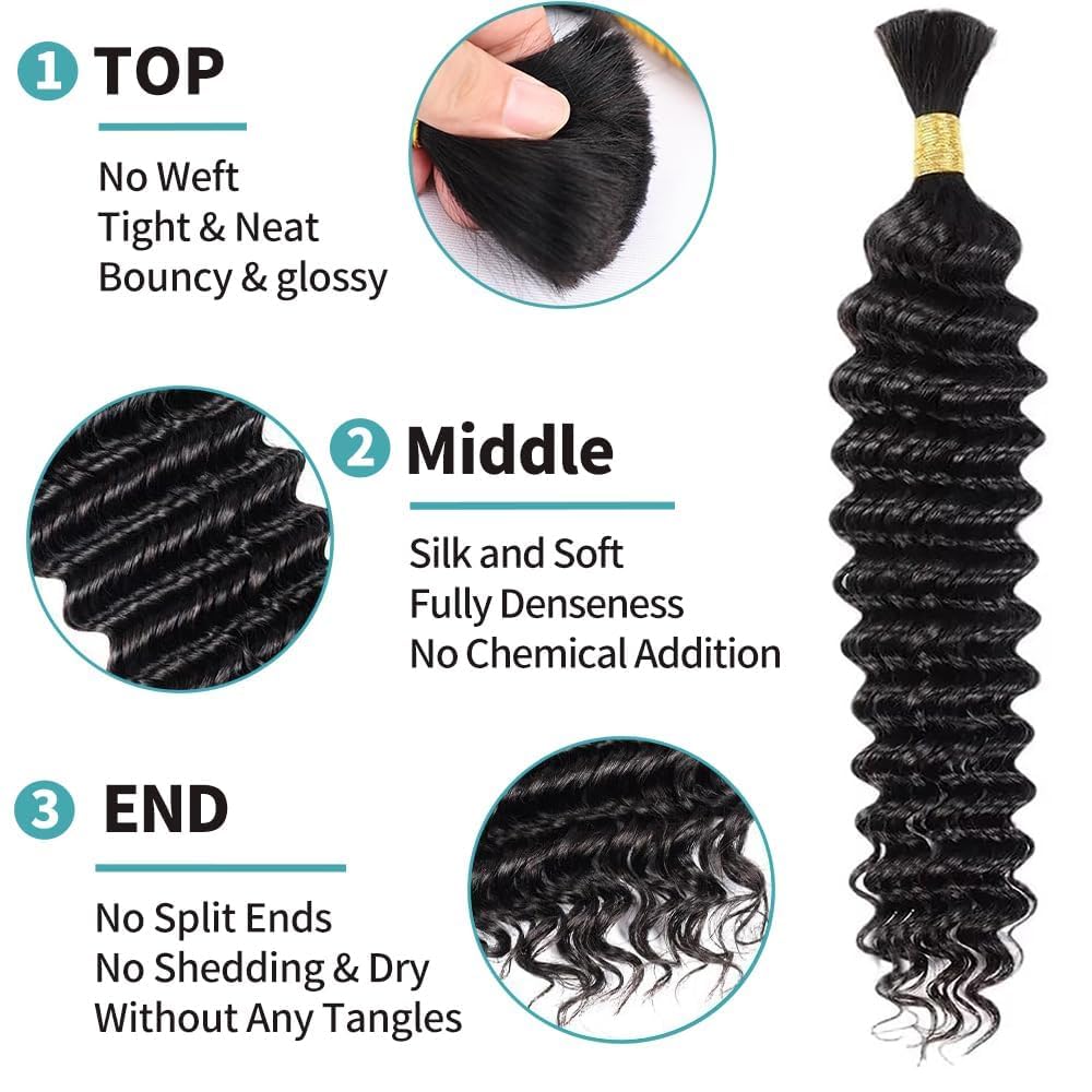 Human Braiding Hair 24 Inch Deep Wave Bulk Human Hair for Braiding No Weft 2 Bundles 100g Curly Human Hair for Boho Braids 100% Unprocessed Brazilian Virgin Hair for Human Hair Extensions