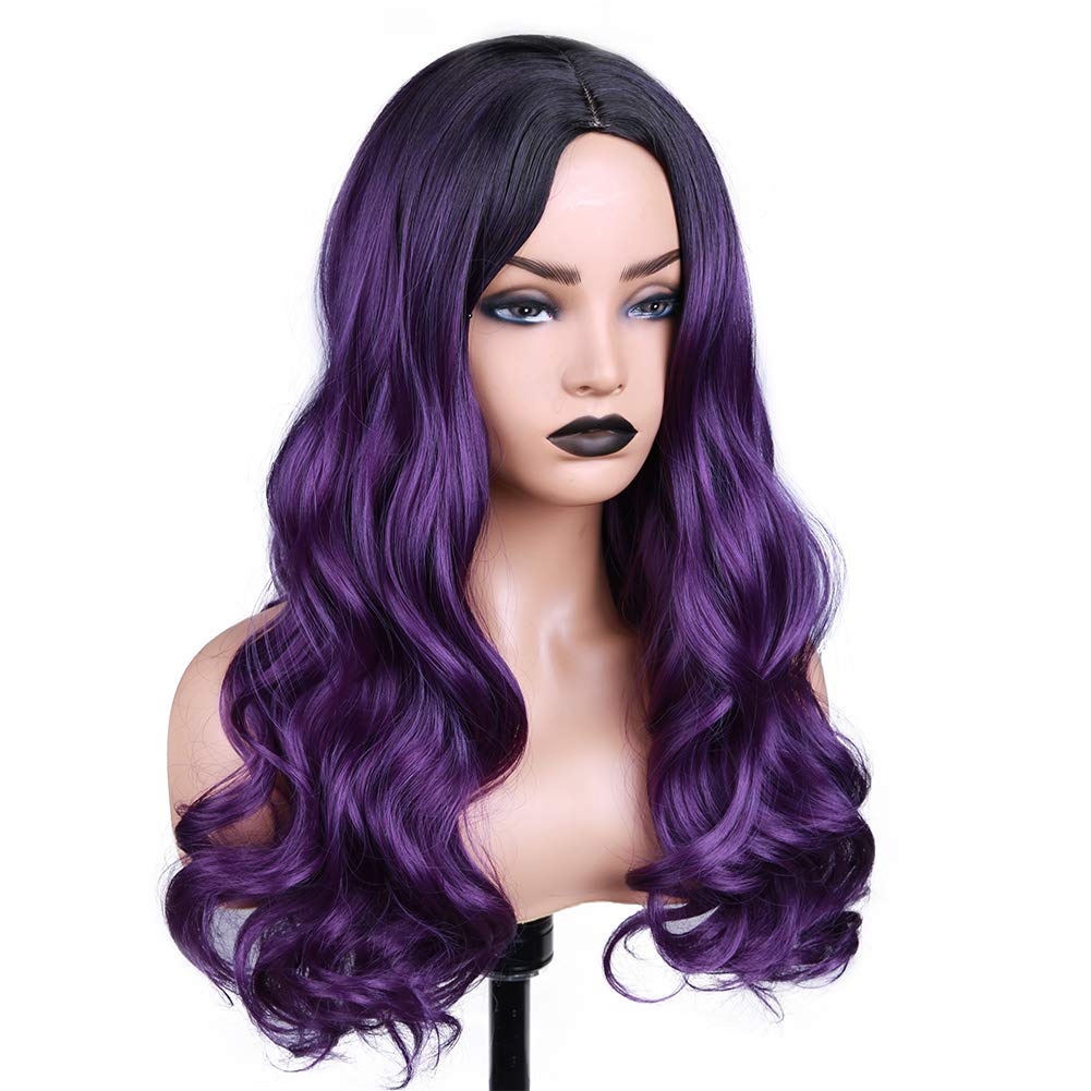 Fancy Hair Ombre Wig Purple Wigs Long Curly Wavy Hair Wigs Heat Resistant 2 Tones Dark Roots Synthetic Wigs for Black Women Daily Party Cosplay