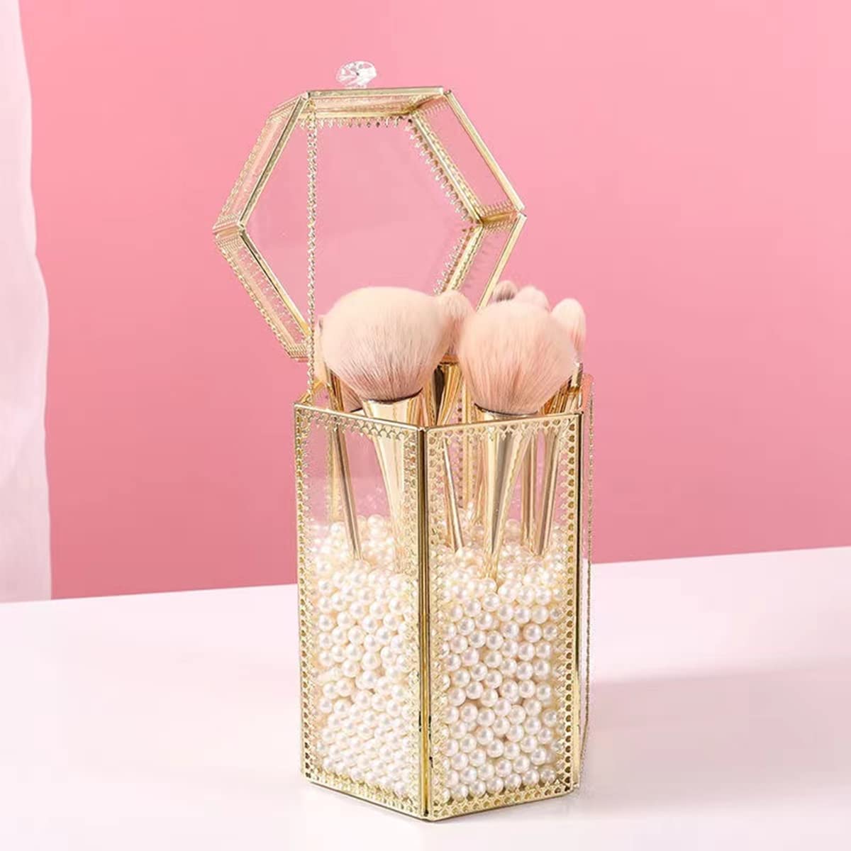 Glass Makeup Brush Holder with Lid Organizer Vintage Cosmetic Hexagonal Display Cases Brush Storage with Free White Pearls - Gold