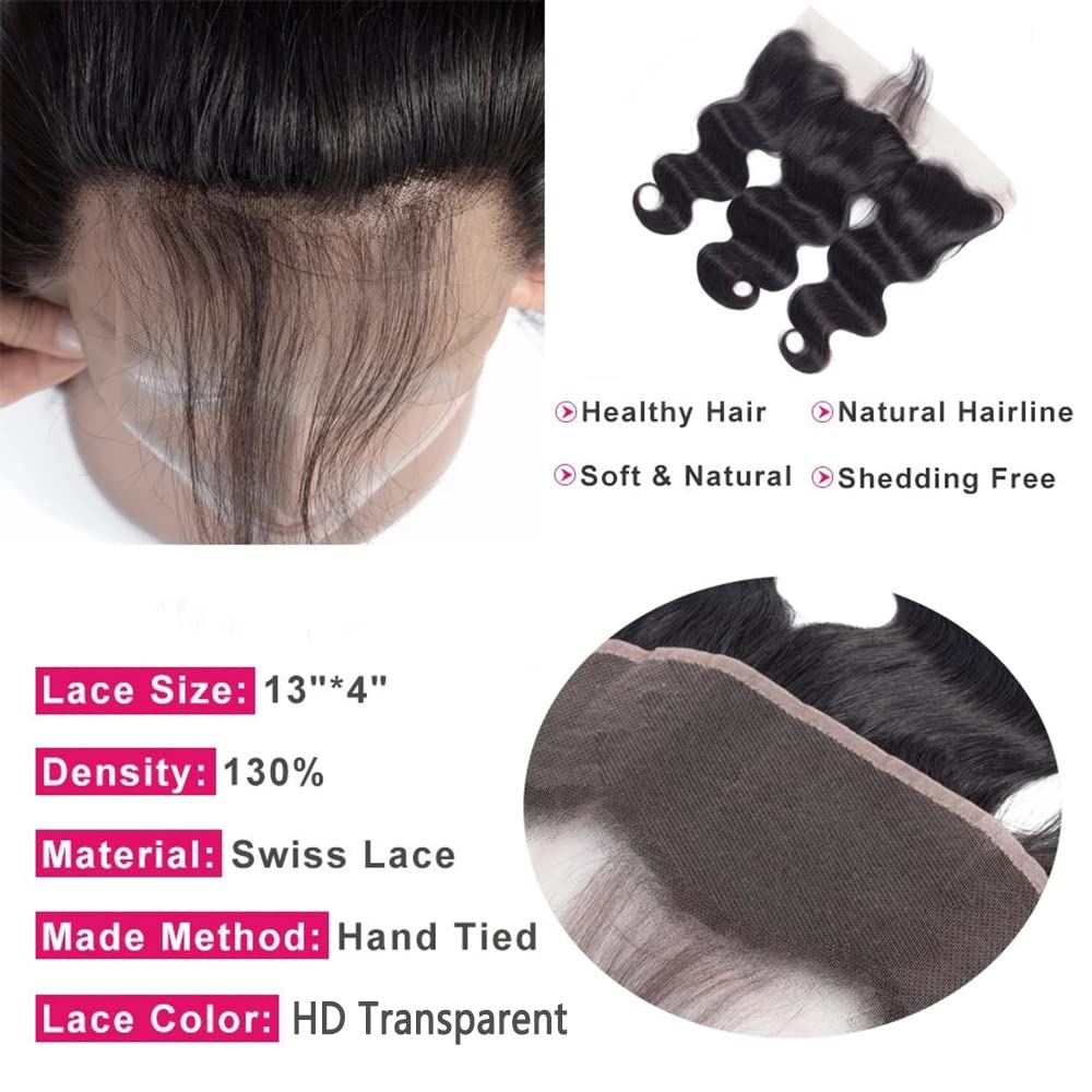 HD Lace Frontal Human Hair Ear To Ear 13x4 Transparent Lace Frontal Closures Body Wave Human Hair With Baby Hair Free Part Pre Plucked Hairline 130% Density Brazilian Human Hair