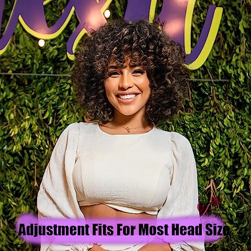 maxknow Curly Wigs for Black Women Fluffy Curly Afro Wig for Women Soft Synthetic Curly Ombre Brown Wig with Bangs Full Wigs for Women Daily Use (T1430 Ombre Brown)