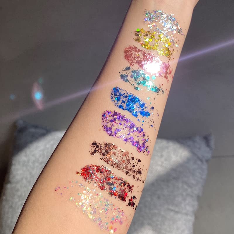 GL-Turelifes Mermaid Sequins Chunky Glitter Liquid Eyeshadow Glitter Body Gel Festival Glitter Cosmetic Face Hair Nails Makeup Long Lasting Sparkling 30g (White+Silver)