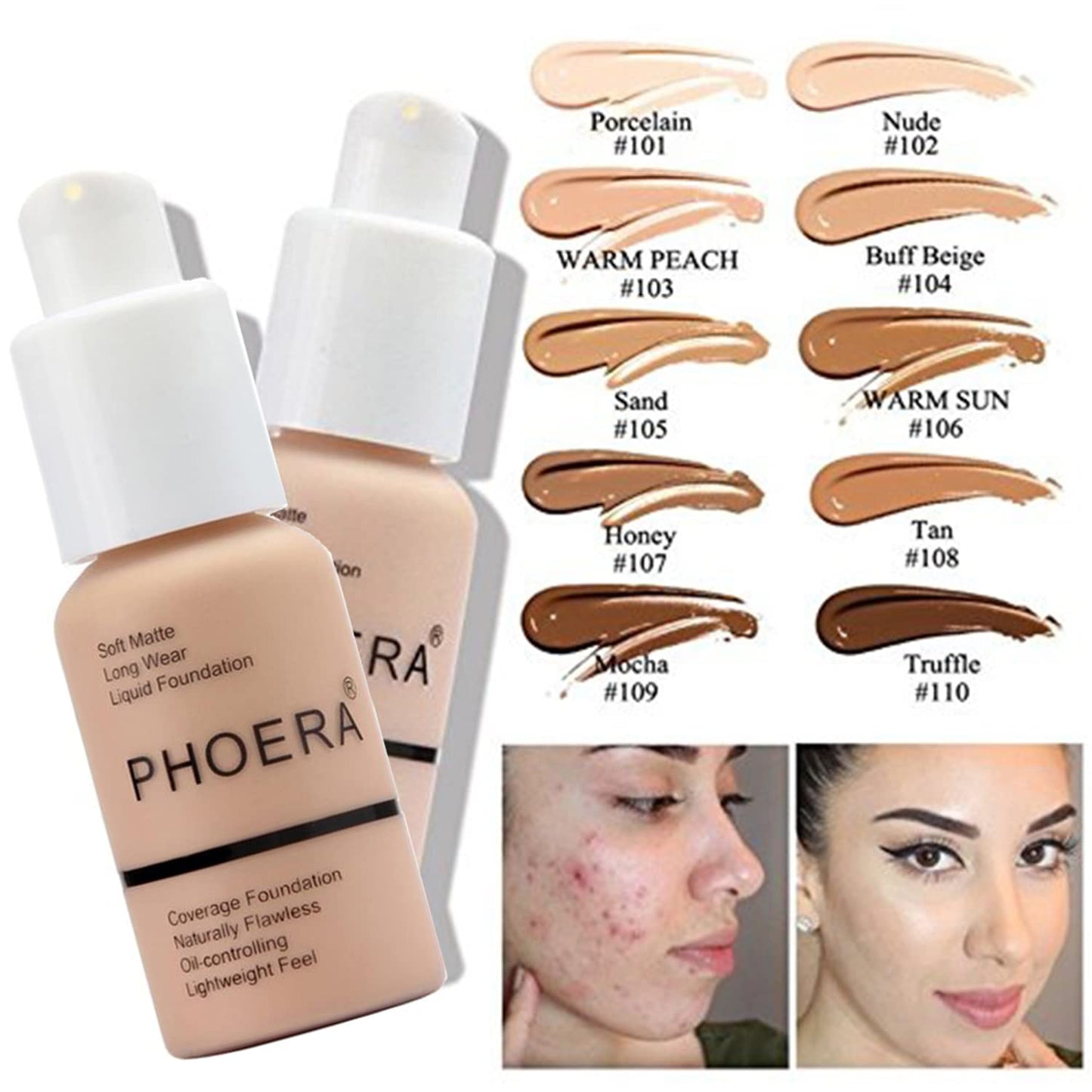 PHOERA Foundation Full Coverage,PHOERA Face Powder, Soft Focus Setting Powder, PHOERA Makeup Lightweight Wrinkles Matte Natural Finish for a Flawless Complexion (105 Sand+N.02 Cool Beige)