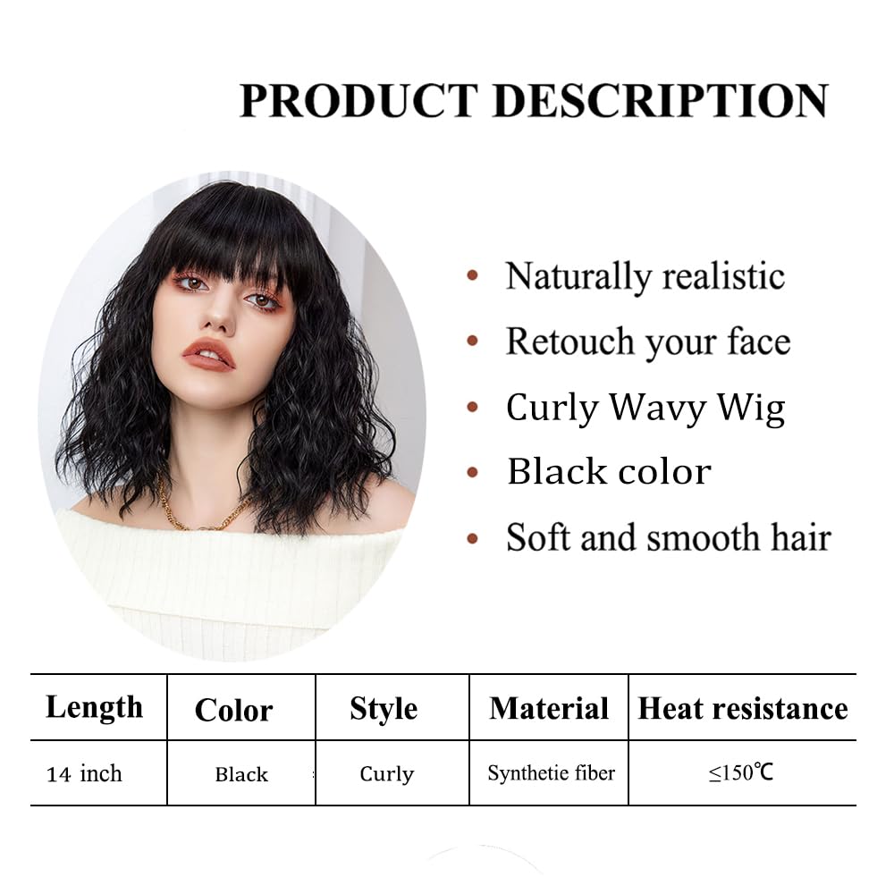 Short Black Hair Wig,Shoulder Length Bob Curly Wavy Black Wig With Bangs for Women, Charming Heat-resistant Synthetic Hair Wigs for Date Daily Use