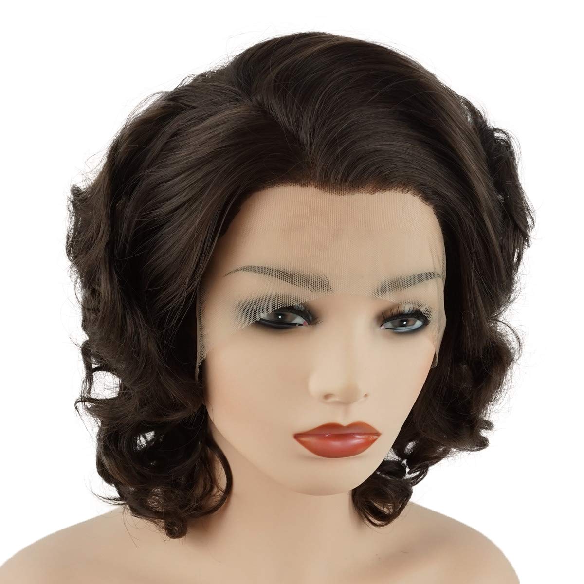 Meiyite Hair Wavy Short 10inch Two Tone Brown Mix Heavy Density Half Hand Tied Realistic Synthetic Lace Front Wigs