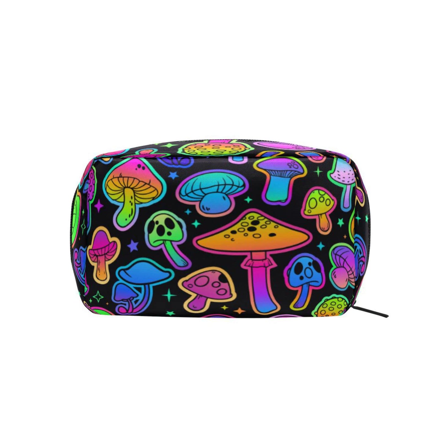 JHKKU Makeup Bag Colorful Mushrooms Square Cosmetic Bag Portable Travel Toiletry Bag Black Zipper Storage Bag for Women