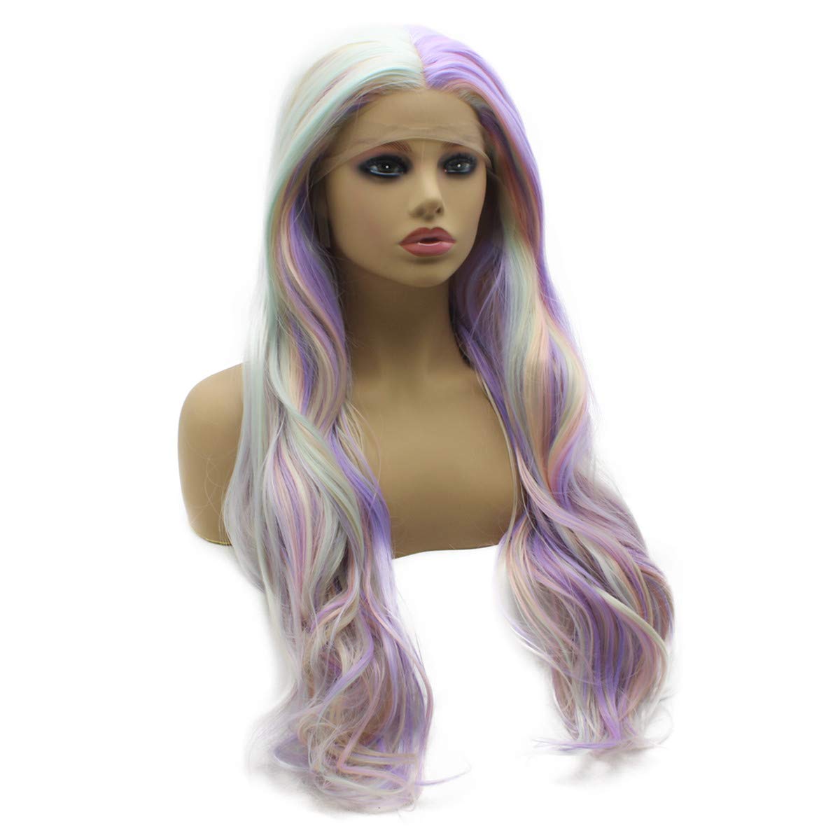 iwonawig Long Wavy Pastel Synthetic Lace Front Wig Heat Resistant Fiber Hair