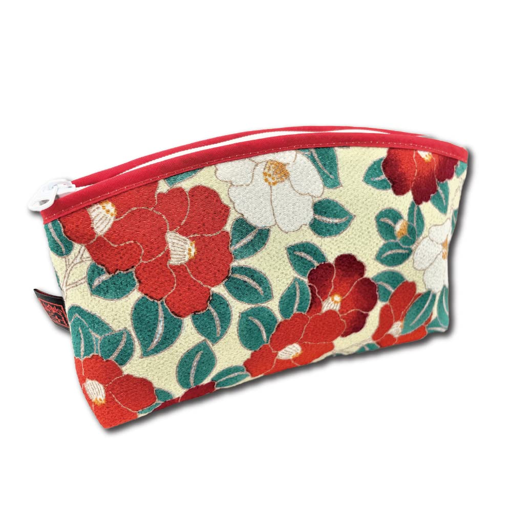 Terra Distribution Small Makeup Bag for Purse [ Made in Japan] Traditional Edo Komon Design Cute Cosmetic Pouch (Camellia flower (Ivory))