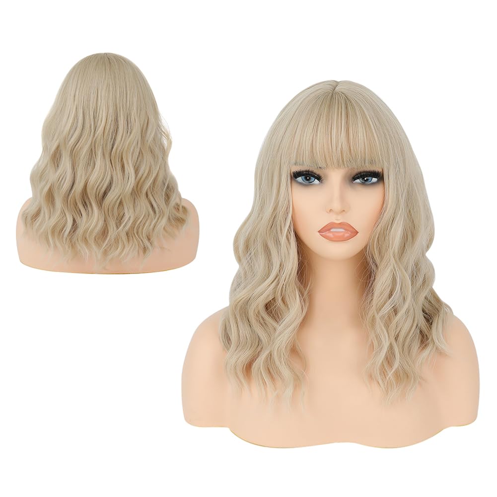 HUAISU Short Curly Hair Wig with Bangs Synthetic High Density Shoulder Length Bob Wavy Wig for Women One Piece Heat Resistant Fluffy Cosplay Wig(Blonde, 14inch)