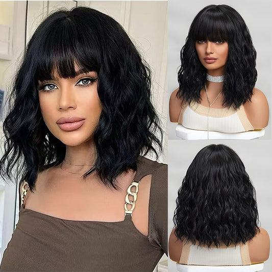 Short Black Hair Wig,Shoulder Length Bob Curly Wavy Black Wig With Bangs for Women, Charming Heat-resistant Synthetic Hair Wigs for Date Daily Use