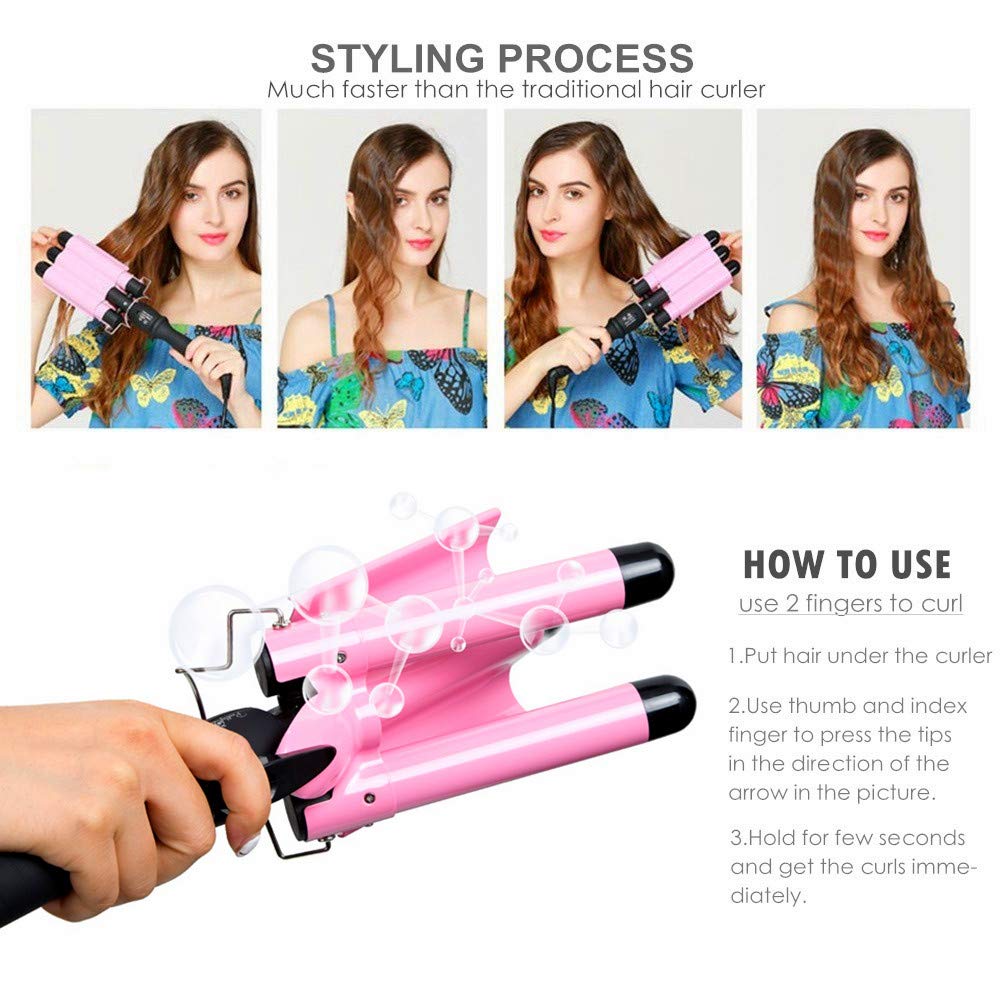 3 Barrel Curling Iron Wand 1 inch Ceramic Tourmaline Triple Barrels Beach Hair Waver Curler for Deep Waves,LCD Temperature Display Crimper Fast Heating Hair Curlers Adjustable from 80℃ to 210℃