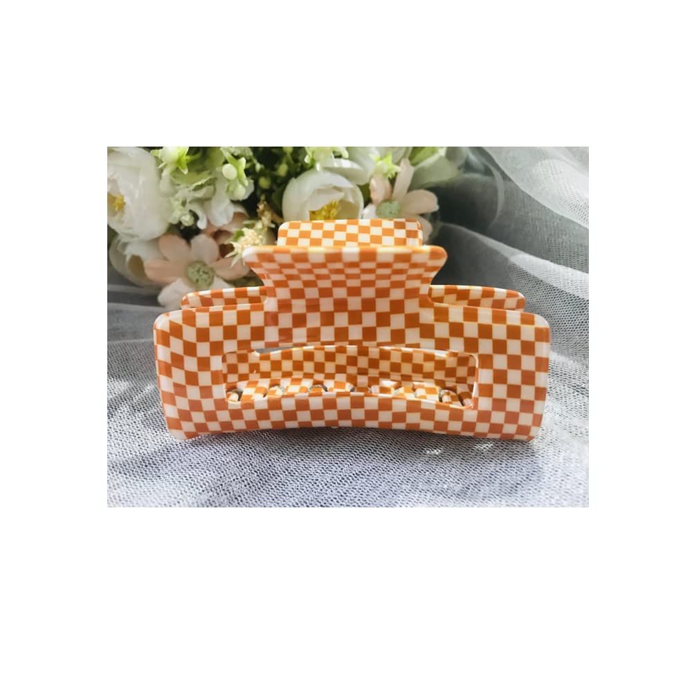 Checkered Hair Claw Clips for Women Girls Fashion Hair Clips for Styling Claw Clamps Thick Hair Retro Rectangle Shape, YOEMAYUNER (1PC Large Size/Orange, 3.94inch)