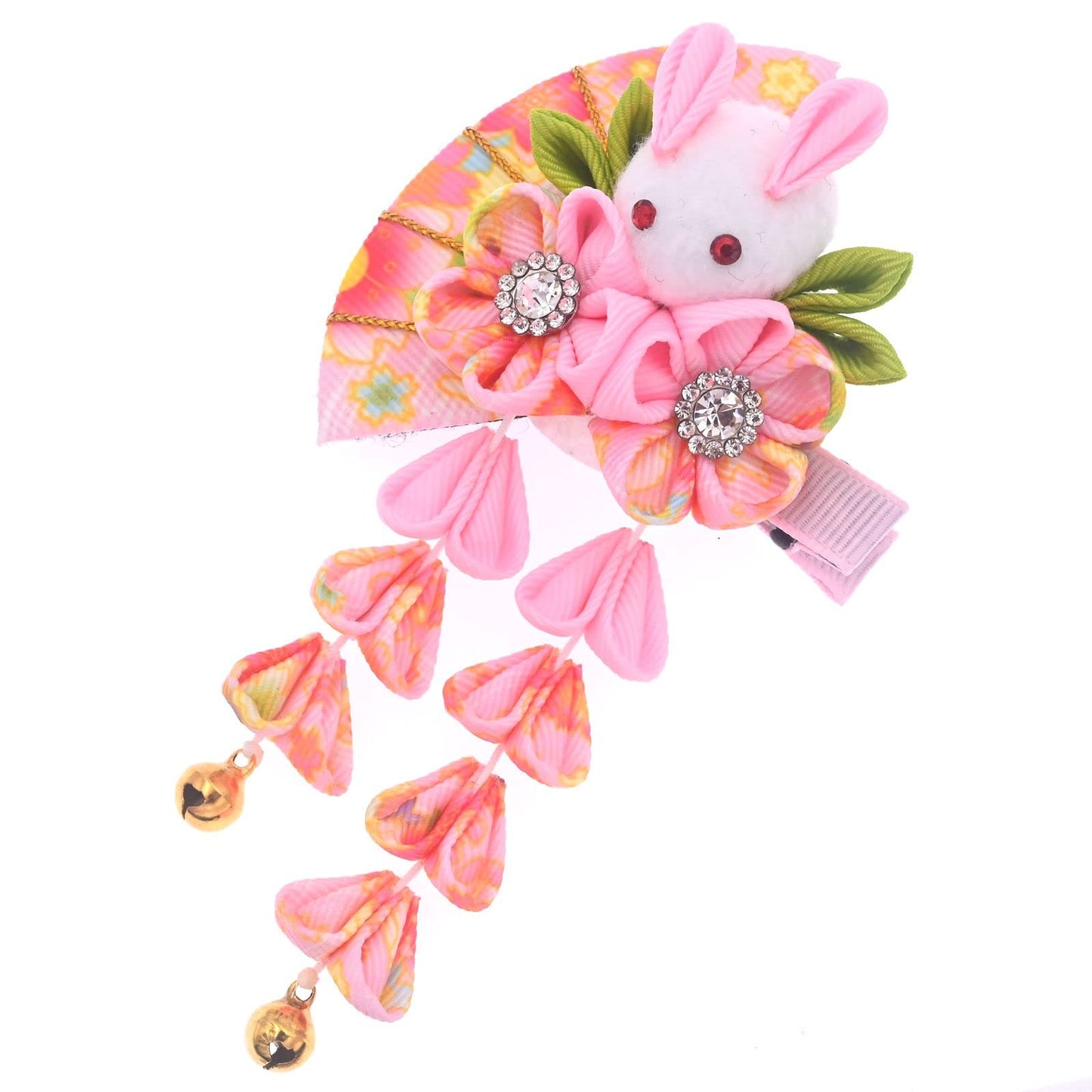 Japanese Hair Clips Kimono Flower HairPin, Women Girls Kimono Hanfu Rabbit Hair Accessories Kanzashi Flower Hair Tie Band Clip Gift (Pink)