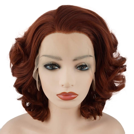 Meiyite Hair Wavy Short 10inch Burgundy Red Heavy Density Half Hand Tied Realistic Synthetic Lace Front Wigs