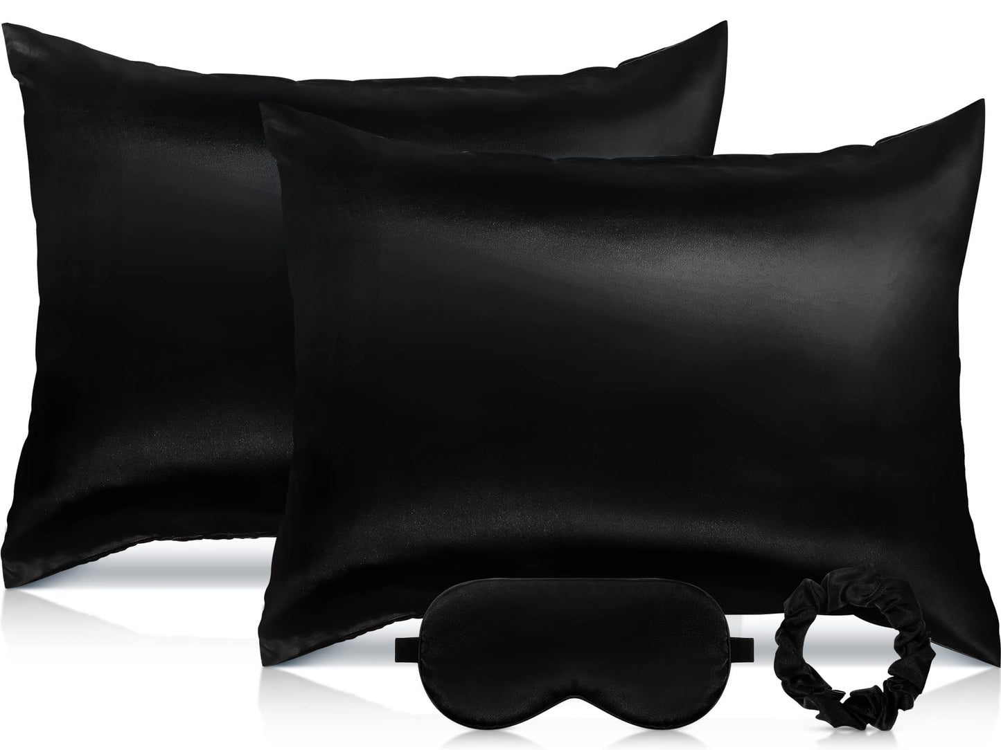 2 Pack Satin Pillowcase with Latent Zipper, Adjustable Satin Eye Mask for Sleeping and Satin Volume Scrunchie for Hair and Skin, Standard Size (Classic Style, Black)