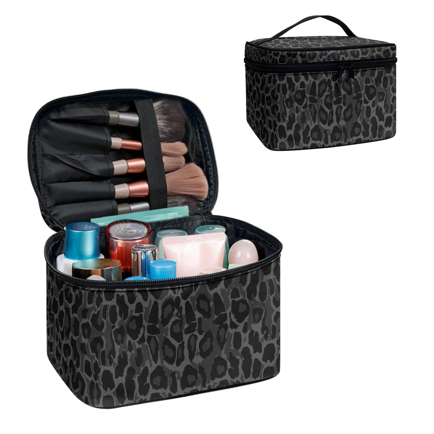 Horeset Black Leopard Print Makeup Bag Cosmetic Organizer Storage Pouch Purse Zipper Toiletry Bag with Handle and Inside Pocket