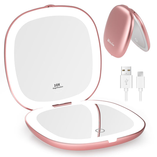 wobsion Travel Mirror with Light, Rechargeable 1x/10x Compact Magnifying Mirror, Dimmable Pocket Mirror,Handheld 2-Side Mirror with Light,4inch Travel Size,Portable for Handbag,Purse,Gift,Rose Gold