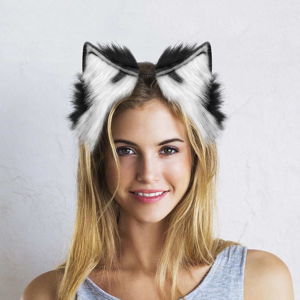 GaliaFaya Cat Wolf Fox Dog Ears Headband Handmade Long Faux fur Cosplay Halloween Costume Party (Brown and White)