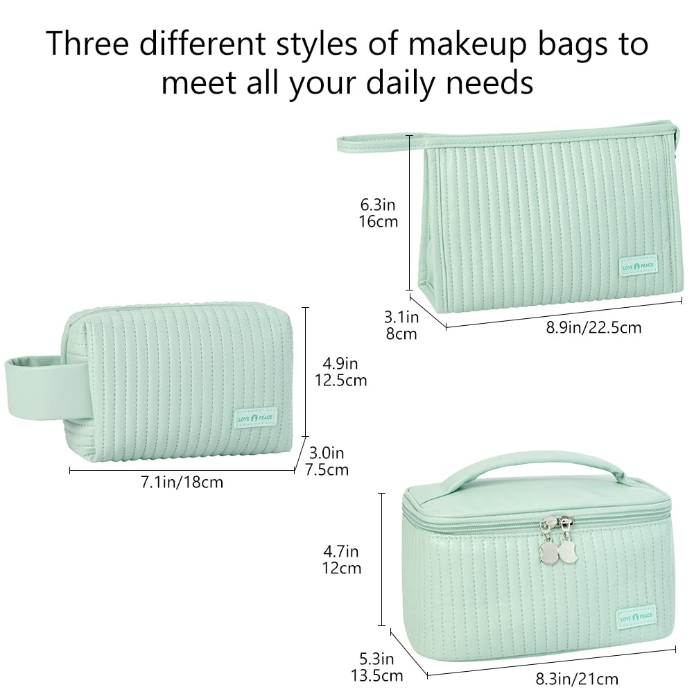 Linpr Makeup Bag 3 Pcs Cosmetic Bags Set, PU Striped Leather Toiletry Bag, Portable Waterproof Travel Makeup Organizer, Cute Make up Bags for Women and Girls (Light Green)