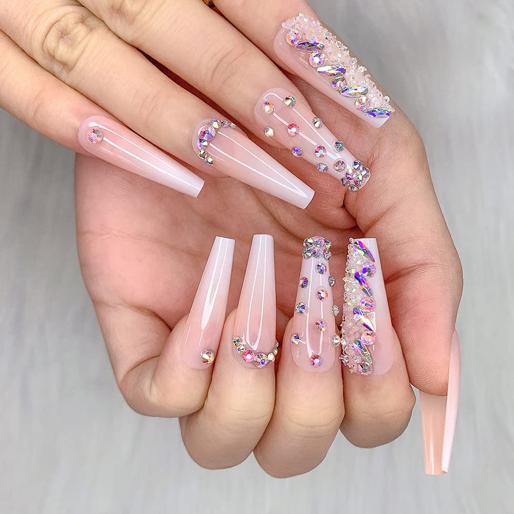 Artquee 24pcs French Nude White Ballerina Water Droplets Drill Flash Diamond Long Glossy Coffin Fake Nails Press on Nail False Tips Manicure for Women