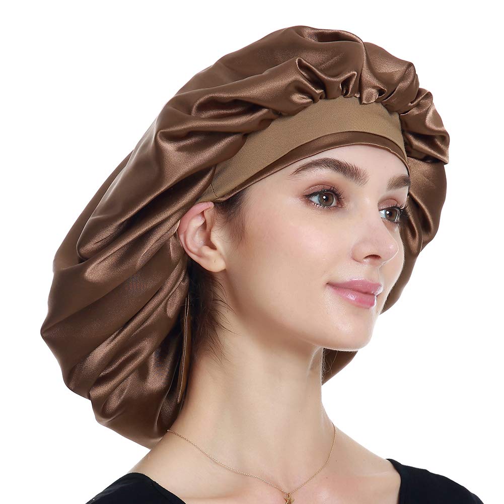 Satin Sleep Caps for Women Curly Hair Night Hat Coffee