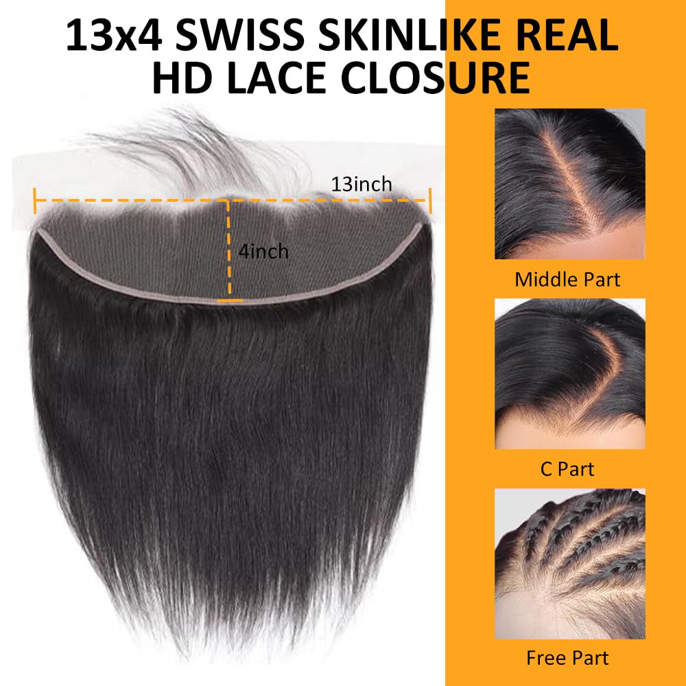 QTHAIR 14A 13x4 Lace Frontal Straight Human Hair Transparent Ear to Ear Lace Frontal Human Hair Brazilian Virgin Straight Lace Frontal 150% Density 12 Inch Straight Frontal