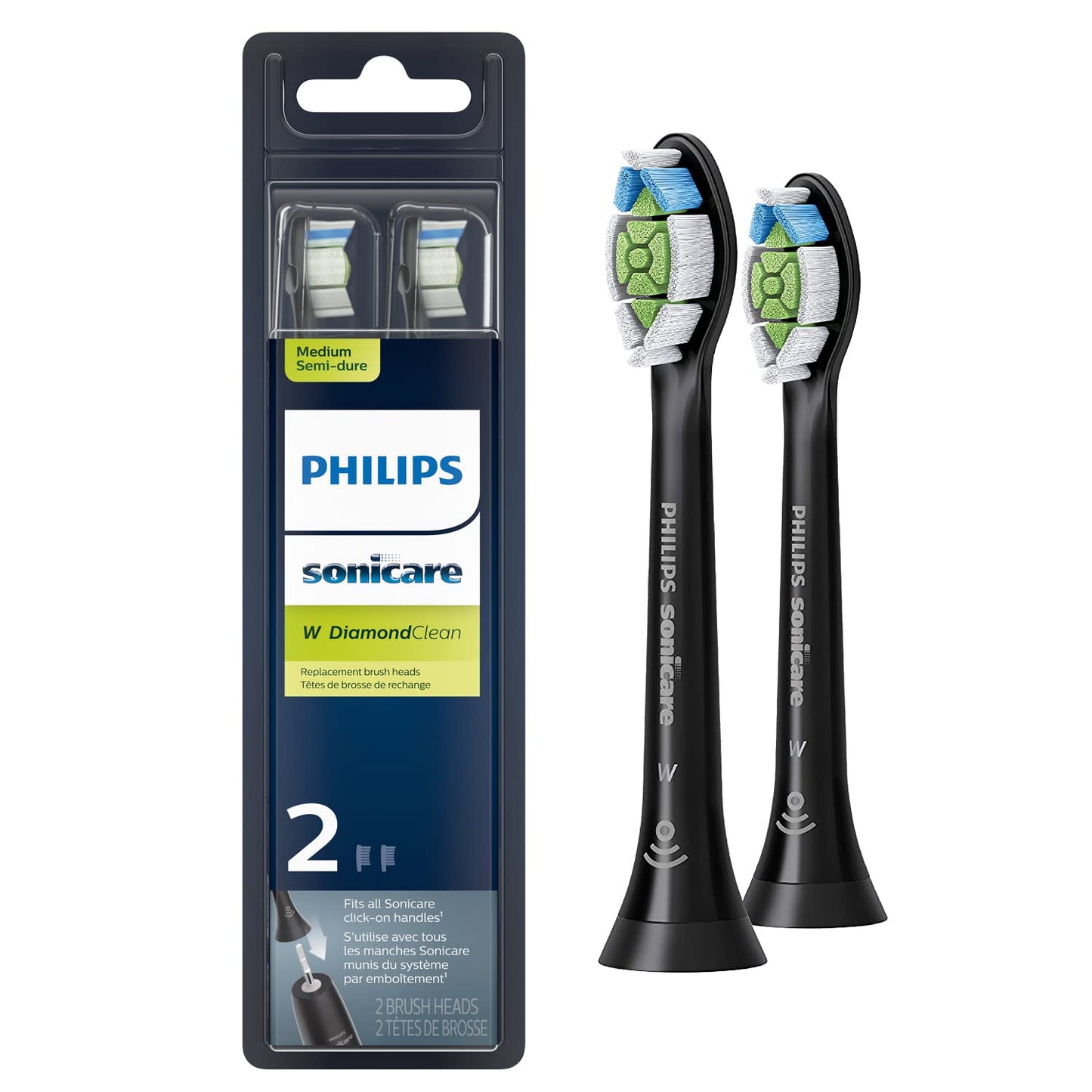 Philips Sonicare Genuine A3 Premium All-in-One Replacement Toothbrush Heads and Philips Sonicare Genuine W DiamondClean Toothbrush Heads, 2 Brush Heads Each, Black