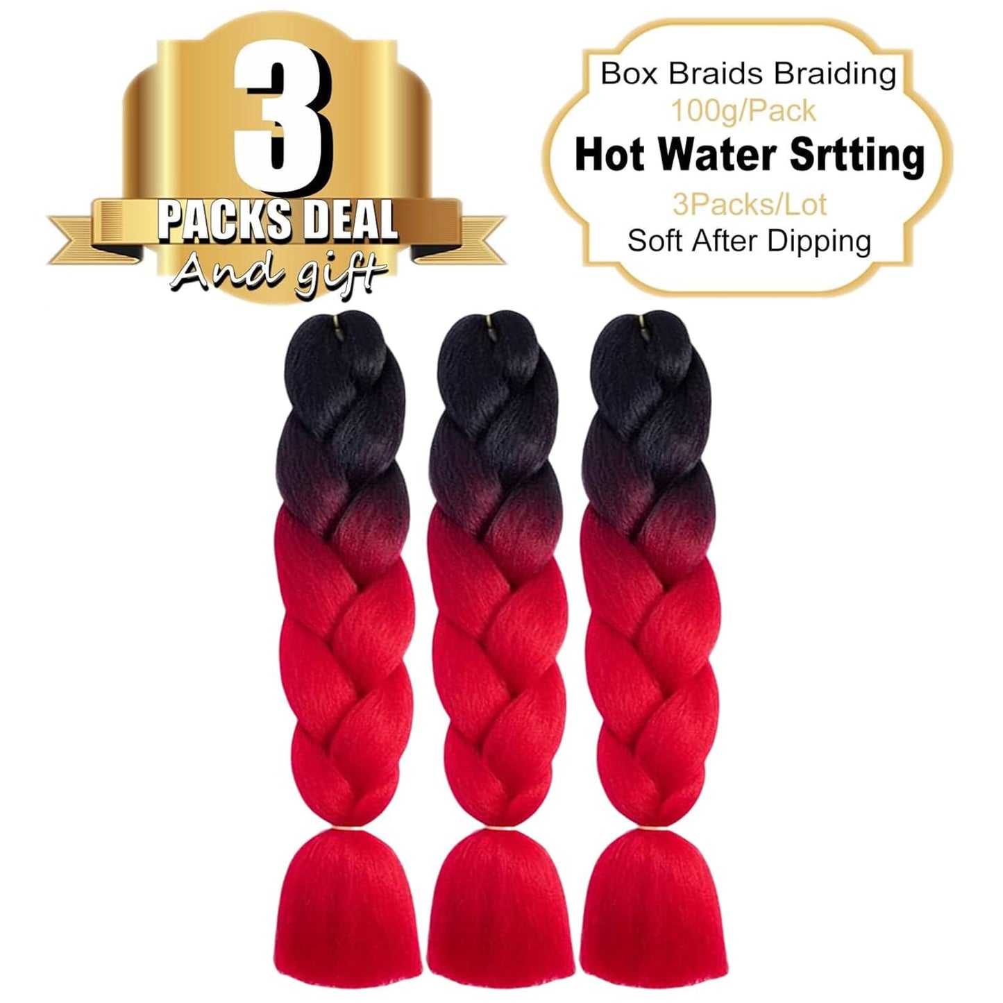 Ombre Braiding Hair Extensions for Women 6 Packs/24 Inch Braiding Hair Fiber Crochet Hair for Box Braids Senegal Twist Hair Extensions(24" (Pack of 6),black to red/B1)