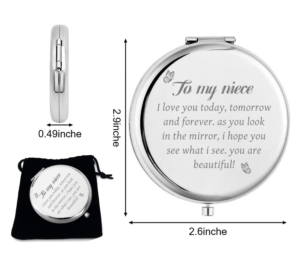 Kukeyiee to My Niece Travel Makeup Mirror, Sliver Engraved Travel Pocket Cosmetic Compact Makeup Mirror Gifts for Niece Birthday Christmas Graduation from Aunt Uncle…