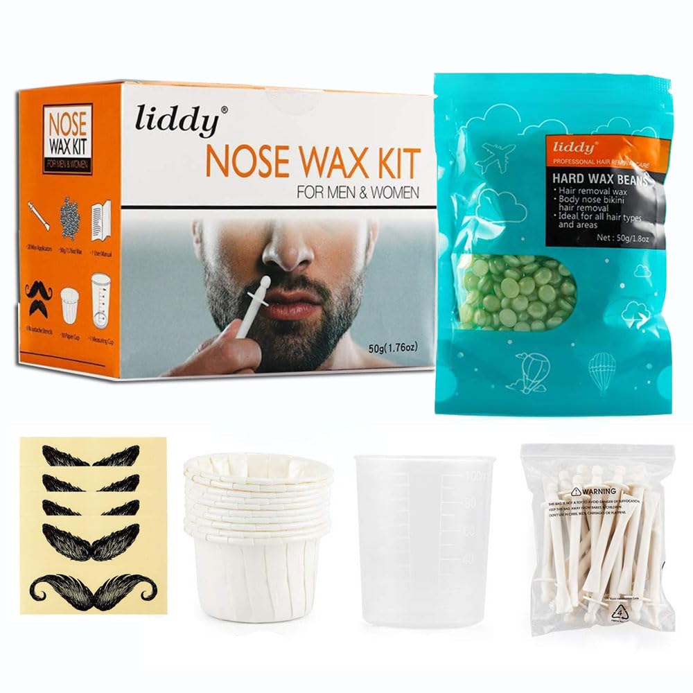 Nose Wax Kit for Men and Women, Hair Removal Waxing for Nose & Ear, 50g Wax, 20 Applicators, 8 Mustache Stickers, 10 Little Cups for Removing Nose Eyebrow Hair, Quick Safe