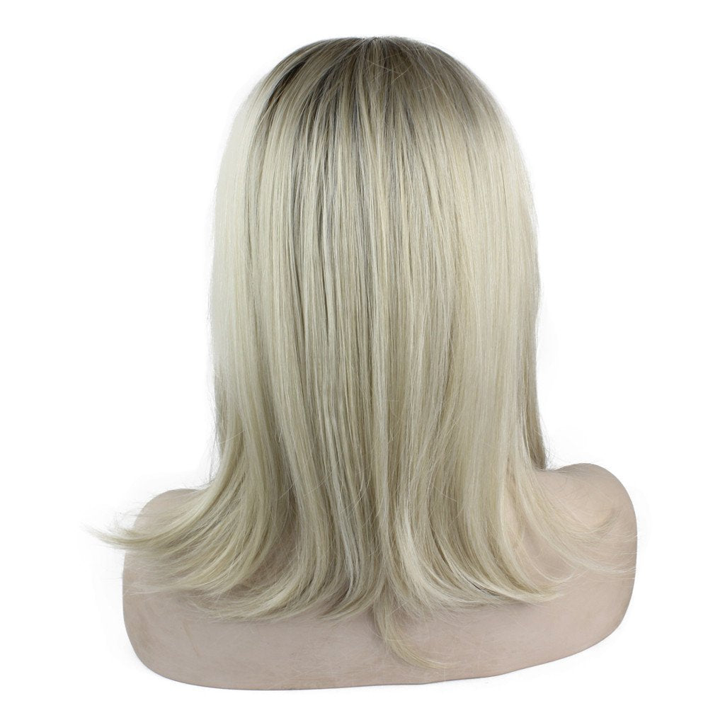 Mxangel Mid Length Straight Heat Resistant Dark Root Blond Synthetic Lace Front Wig