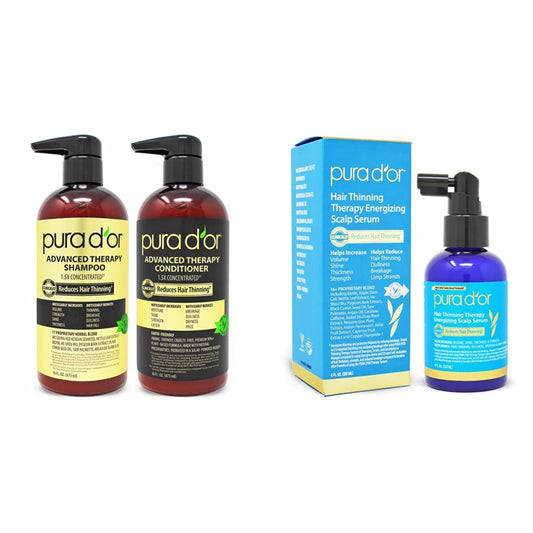 PURA D'OR Anti-Thinning Advanced Therapy Biotin Shampoo & Conditioner Hair Care Set, Clinically Proven, DHT Blocker Hair Thickening Products For Women & Men, Natural Daily Routine Shampoo, 16oz x 2 and PURA D'OR Scalp Therapy Energizing Scalp Serum Revita