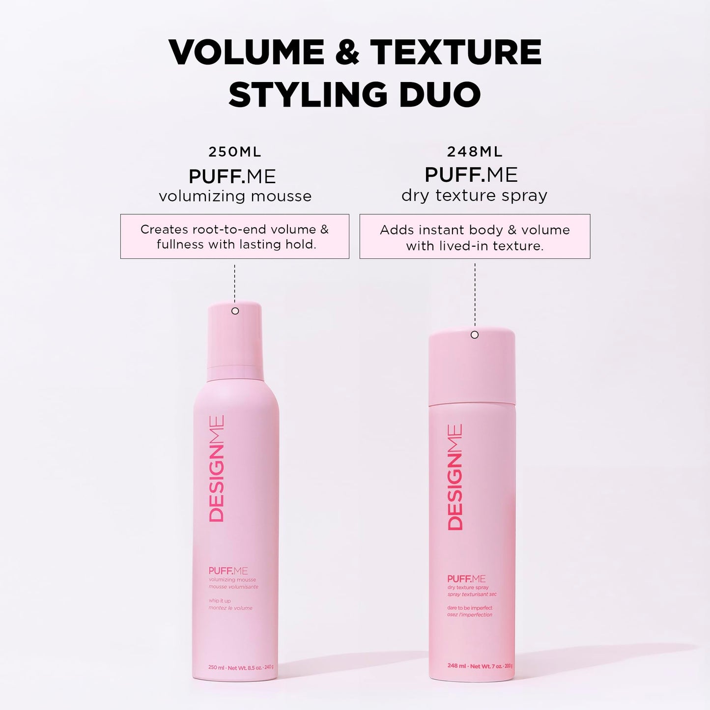 PUFF.ME Volumizing Spray & Volumizing Mousse for Curly Hair Bundle by DESIGNME | 7-Oz Dry Texture Spray for Hair & 8.5-Oz Curly Hair Mousse | Color-Safe, Flexible-Hold Hair Texture Spray & Mousse